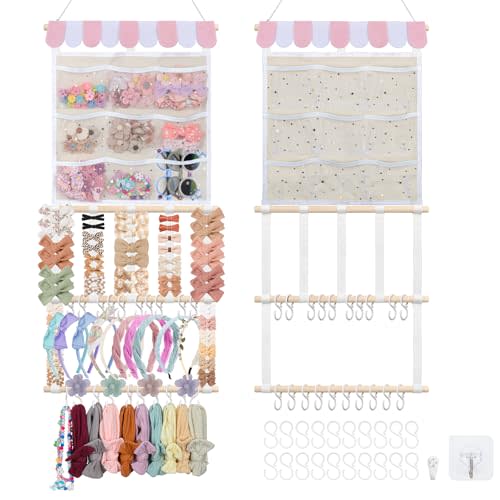 Bow Organizer for Girls Baby Headband Holder w/Sorted Mesh Pockets | Hair Bow Holder Baby Headband Clip Organizer, Wall Hair Accessories Organizer, Baby Girl Nursery Decor(32x15 Inch,Beige Pink)