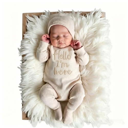 "Hello" Embroidery Knitting Onesie Newborn Birth Announcement Outfits Footed Jumpsuit Baby Boy Girl Photography Props Newborn