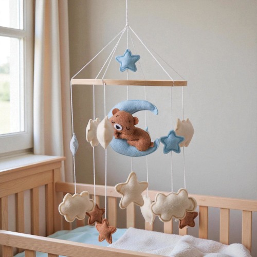 Handmade Bear Baby Mobile: Felt Moon, Stars & Clouds Nursery Decor