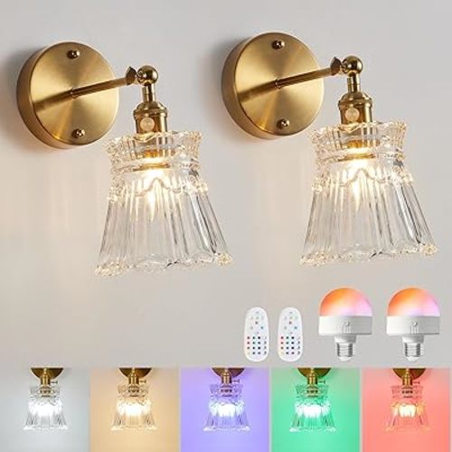 Vintage Battery Operated Wall Sconce Glass Shade Wireless Rechargeable Battery Brass Color Wall Sconce with Remote Control for Bedside Bedroom Doorway Set of 2