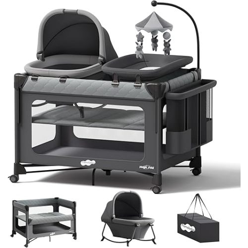 Pamo Babe Pack and Play with Bassinet - 7 in 1 One-Step Setup Bedside Crib, Portable Playpen, Travel Crib, Baby Playard with Diaper Changing Station, Toy Bar & Large Storage Bag