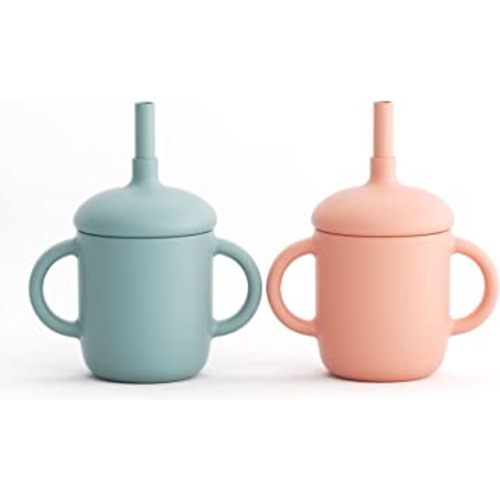Toddler Cup, Silicone Training Cup Sippy Cup with Straw, Spill Proof and Non-Slip Handles, NO BPA, Unbreakable, Trainer Cup for Babies Toddlers and Infants, 5 oz, 2 Count, Grey-blue, Pink