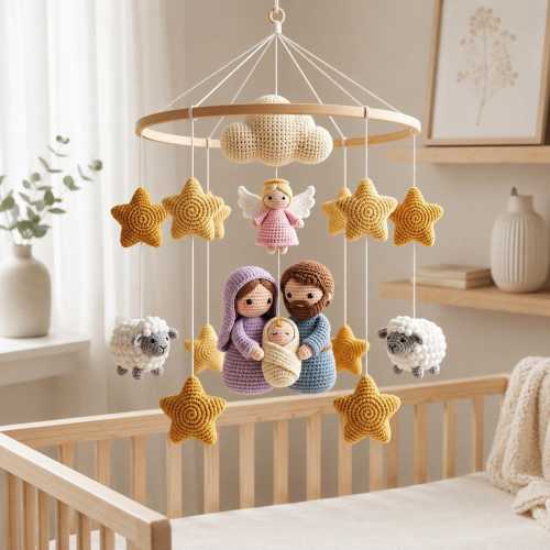 Handmade Crochet Nativity Baby Mobile, Christian Decor Baby Mobile, Handmade Virgin Mary & Angels Baby Mobile, Baby Newborn Gift