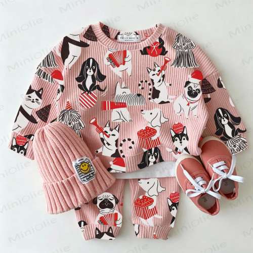 Baby Pink Puppy Print Waffle 2-piece Set