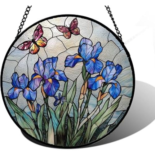 Purple Iris Butterfly Stained Glass Window Hanging Suncatcher Gifts 9.8"