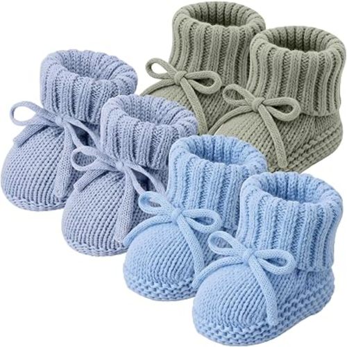 Evervibe 3 Pair 100% Cotton Knitted Baby Booties Newborn