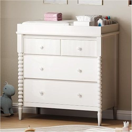 JOINICE White Nursery Dresser with Changing Table, 4 Drawers for Storage