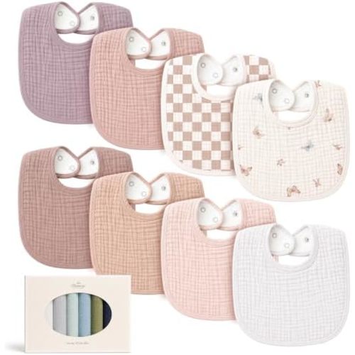 Konssy 8-Pack Muslin Baby Bibs, Adjustable Fit for Drooling and Teething
