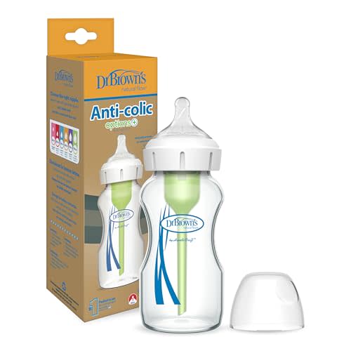 Dr. Brown's Natural Flow Anti-Colic Options+ Wide-Neck Glass Baby Bottle 9 oz/270 mL,with Level 1 Slow Flow Nipple,1 Pack,0m+