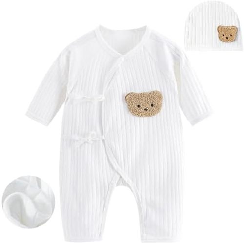 Baby Romper with Hat Clothes Set, 100% Cotton Long Sleeve Newborn Infant Baby Bodysuit