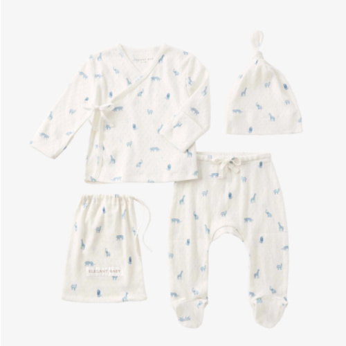 Blue Safari Print Organic Cotton Pointelle Layette 3 Pc Gift Set