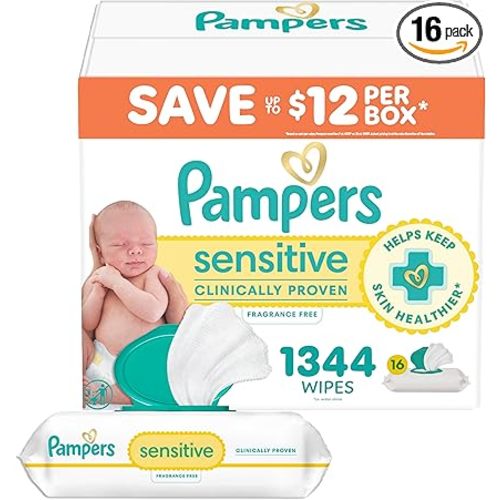 Pampers Baby Wipes, Sensitive, Water Based Wipe, Clinically Proven, Hypoallergenic, and Unscented for Babies, 1344 Wipes Total (16 Flip-Top Packs) [Packaging May Vary]