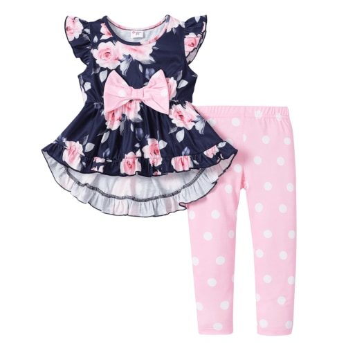 PatPat Toddler Girls Clothes Baby Girls Outfits 2 Piece Floral Bowknot Ruffled Sleeveless Tee and Dots Pants Set, Deep Blue, 3T