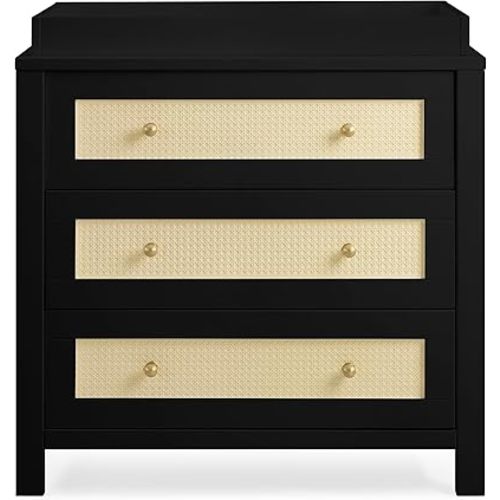 Simmons Kids Theo 3 Drawer Dresser with Changing Top and Interlocking Drawers, Black/Textured Almond