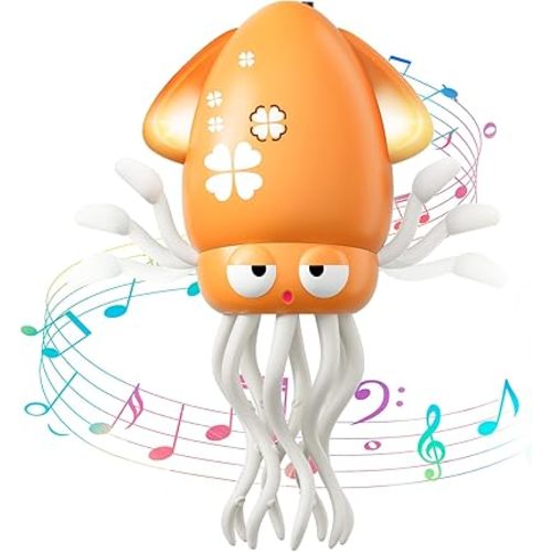 Dancing Squid Baby Toy, Electric Crawling Octopus Tummy Time Toy, Rechargeable Magic Dancing Music Squid Baby Toys for 3 4 5 6 Year Old Kids Boy Girl Birthday Gifts Christmas Stuffers (Orange)