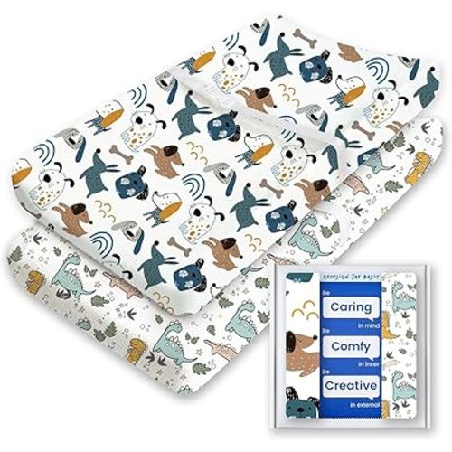 Extra Stretchy Changing Pad Cover, TotBasic Ultra Soft Premium Jersey Knit Changing Pad Sheets, Unisex for Boys Girls, Fits All Standard Changing Tables/Dresser Tops - 2 Pack (Print Dino + Puppy)
