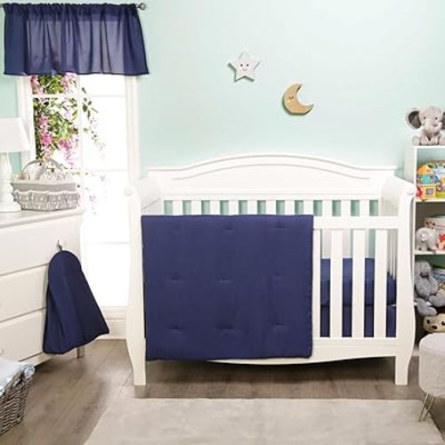 EVERYDAY KIDS 4 Pc Crib Bedding for Boys Nursery Set Includes Baby Bed Quilt, Fitted Sheet, Dust Ruffle and Diaper Stacker- Nursery Bedding Set - Baby Crib Bedding Set in Navy