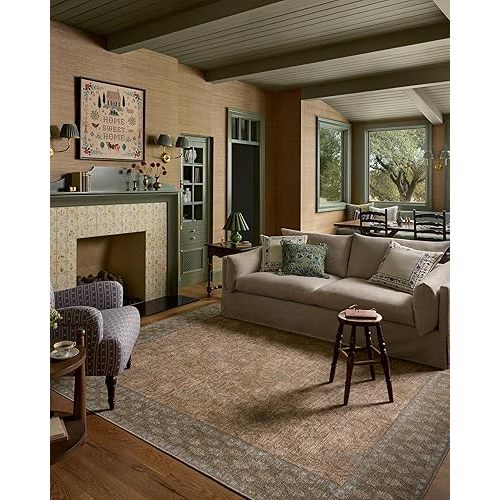 Loloi Rifle Paper Co. Edinburgh Collection EDN-01 Sand/Green 7'-6" x 9'-6" Area Rug Jute, Natural, Floral, Vintage Inspired, Low Pile, Living Room, Bedroom, Dining, Bedroom, Carpet