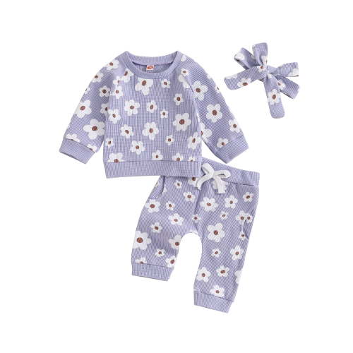 Loicainy Baby Toddler Girl 2Pcs Fall Spring Clothes Set 6 12 18 24 Months Flower Print Long Sleeve Crewneck Tops Pants Bow Headband Outfit