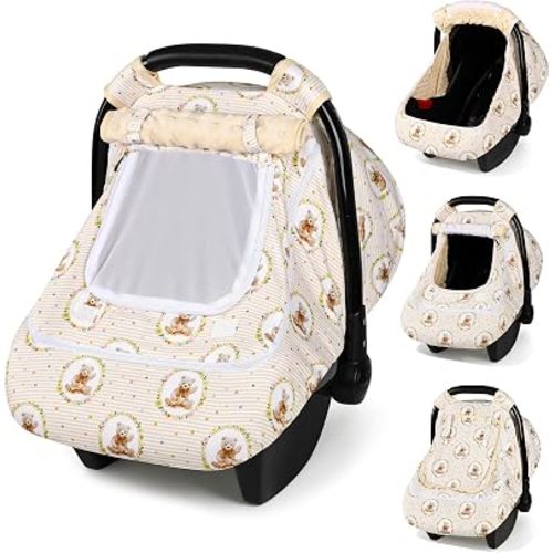 Hooyax Baby Car Seat Cover with Dual Zipper, Extra Large Mesh Window Carseat Canopy, All-Season Weather Protection for Infant Car Seats & Strollers (Bear)