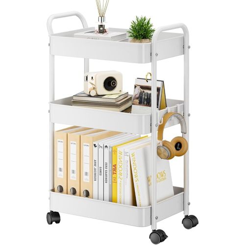 YASONIC 3-Tier Metal Rolling Cart, Sturdy Storage Utility Carts with Wheels, Multifunction Craft Art Organizer for Bedroom, Laundry, Garage, Office, Nursery, Bathroom, Easy Assembly (White)
