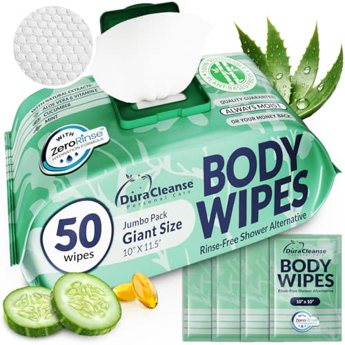 Body Wipes for Women - Gentle - No Rinse Bathing Wipes - 50 Ct + 4 Travel | Gentle on Sensitive Skin, Cucumber & Marshmallow Root, Prebiotic Inulin, Aloe & Vitamin E, pH-Balanced, XL 10x11.5" Cloth