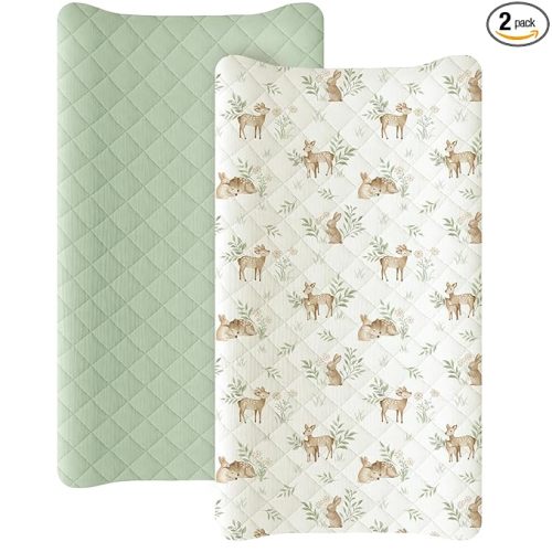 Konssy Waterproof Muslin Changing Pad Cover 2 Pack, Quilted Cotton Fitted Diaper Changing Table Cover, Soft Changing Pad Sheets for Girls Boys (Woodland, Sage)