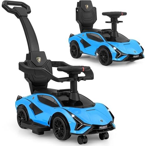INFANS 3 in 1 Ride on Push Car, Licensed Lamborghini Baby Stroller Sliding Walking Car with Parent Control Handle, Music, USB, Headlight, Under Seat Storage, Foot-to-Floor Toy for 18-60 Months (Blue)