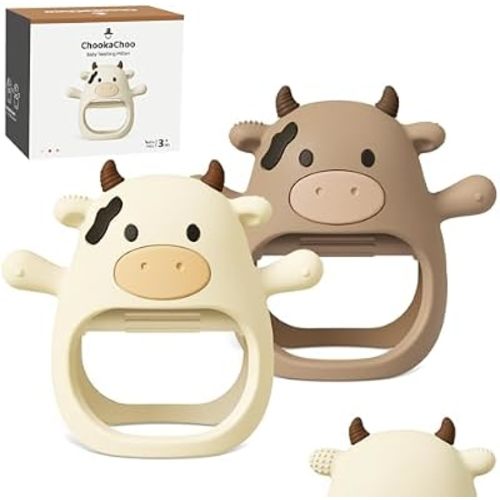 ChooKaChoo 2 Pack Baby Teething Toy for Over 3 Months, Food Grade Silicone Teething Mitten, Anti Dropping Wrist Hand Teethers Baby Chew Toys for Sucking Needs, BPA Free (MooMoo Cow)