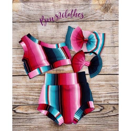 Serape Baby Outfit: Pink Teal Crop Top, Bummie Shorts & Headwrap