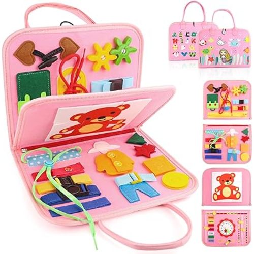 Toddler Busy Board, Montessori Sensory Toys for Boys, 1-4 Year Old Girl Toddler Travel Toys, Educational Learning Activities Board for Motor Skills, Birthday Gifts for Airplane Car, Pink