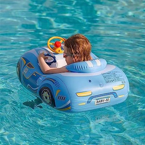 Baby Pool Float with 3D Car Design, PVC Baby Swim Float, Toddler Pool Float, Swimming Floats Seat Boat Pool Toys with Steering Wheel for 12-18, 12-24 Months, Age 2-3, 1-4 Years Girl Boy