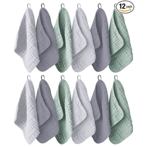 Ease Cubs 12 Pack Muslin Washcloths for Baby - 100% Cotton Baby Wash Cloths for or Baby Face Body Comfy and Soft for Newborn Infants Kids Girls and Boys - 12"x12" - Grey, Green and Slate
