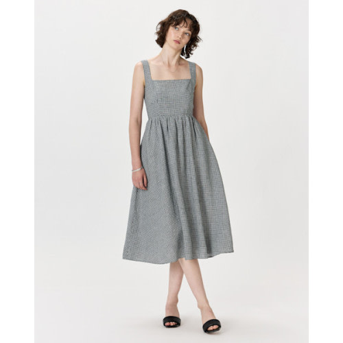 100% European Linen Fit & Flare Midi Dress in Taupe Brown Gingham