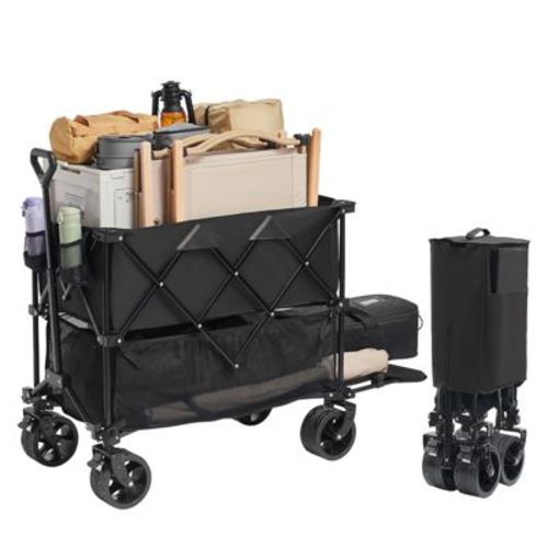 400L Double Decker Collapsible Wagon Cart with Extended Handle and Heavy-Duty Iron Frame, All-Terrain PVC Wheels for Camping and Hauling