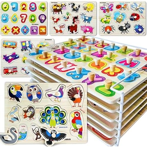 QUOKKA Wooden Puzzles for Toddlers 1-3 - 6XSET Toddler Puzzles Ages 2-4 with Rack - Learning Alphabet, Numbers and Animals Toy Puzzles for Toddlers 3-5 - Wood Games Gift for Boys and Girls