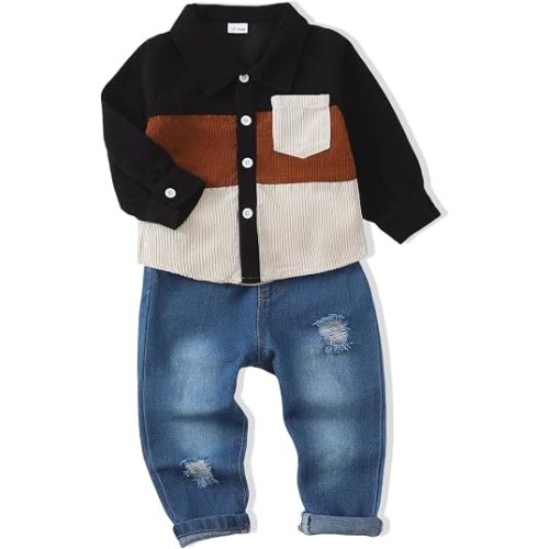 NZRVAWS Toddler Baby Boy Clothes Infant Plaid Pocket Shirt Denim Ripped Jean Pants Outfits Set 6-24 Months 2-5T