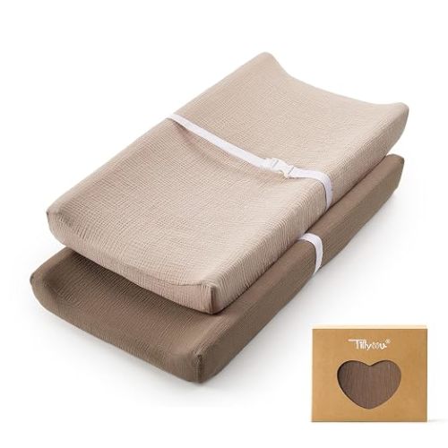 Muslin Changing Pad Cover for Baby Girls Boys, Soft and Breathable Cotton Diaper Changing Table Cover, 2 Pack(Brown&Light Brown)