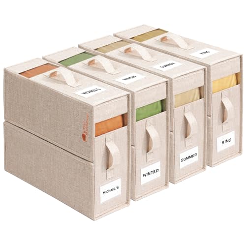 4 Pack Sheet Storage Organizer (King & Queen Size) with handle, Foldable Sheet Set Organizer for Linen Closet, Sheet Organizer for Blanket, Coverlet and Towel, Beige