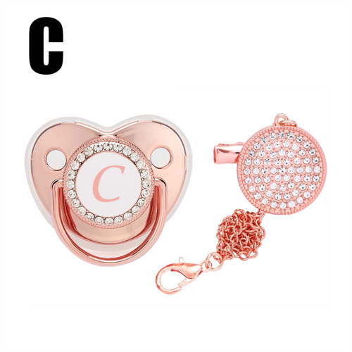 Fridja Bling Personalized Pink Baby Pacifier with Pacifier Clips A-Z 26 Letters Baby Shower Gift