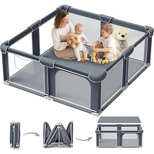 G TALECO GEAR Foldable Playpen for Babies and Toddlers, 50"x50" Portable Play Yard with Mat, Kids Collapsible Play Pen with Sturdy Metal Frame & Mesh Walls, Indoor & Outdoor Baby Fence Play Area