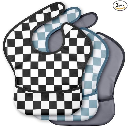 3-Pack Waterproof Baby Bibs for Eating - Mess Proof Lightweight Toddler Feeding Bibs with Large Food Catcher, Food-Grade Baby Eating Essentials, Easy to Put On & Clean(Black Cherkerd)