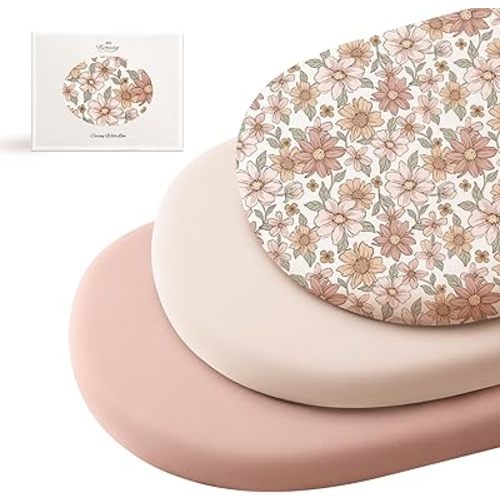 Konssy 3 Pack Stretchy Bassinet Sheets for Baby Girl Boy, Soft Breathable Baby Bassinet Mattress Sheets Fit for Hourglass Oval Cradle, Moses Basket Rectangle Mattress (Vintage Petals)