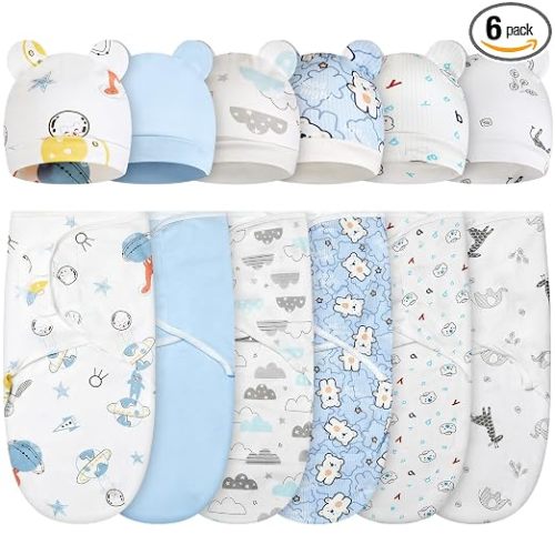 6 Pack Swaddle Blanket with Hats Swaddle Outfit for 0-3 Months Newborn Sacks Soft Cotton Wearable for Girl and Boy(Bear,Blue)