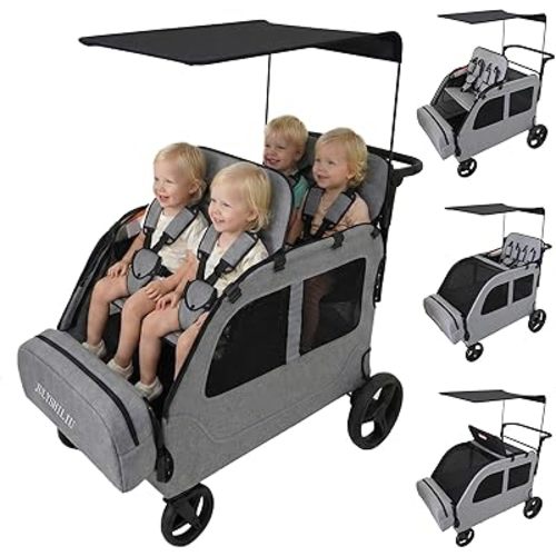 Car-Shaped 4 Seater Stroller Wagon for 2 3 Kids Foldable All-Terrain Quad Wagon with Removable Canopy, 5-Point Harness Elevated Seats, XL Storage Bag Shopping Outdoor (Light Grey)