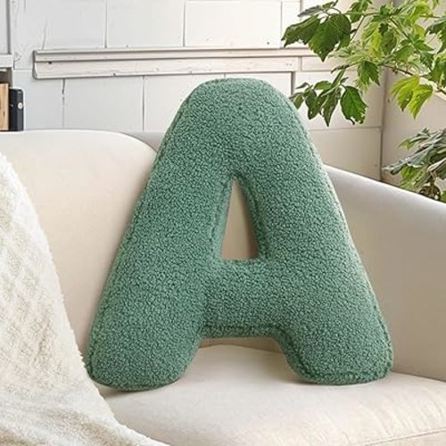 huraty Green Letter Pillow Decorative Throw Pillow Soft Lambs Wool Alphabet Pillow Cushion for Sofa Couch Bedroom (A, 14.9" Lx11.8 W)