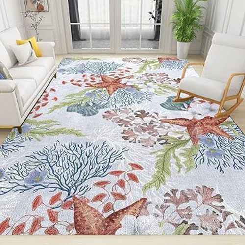 Starfish Coral Area Rug, Coastal Beach Themed Living Room Rugs, Indoor Non-Slip Kids Rugs, Machine Washable Breathable Durable Carpet for Living Room Bedroom Study Dining Room,5 x 7ft