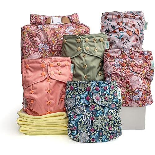 Kinder Cloth Diapers Reusable Baby Diapers Pocket Style Athletic Wicking Jersey, Bamboo Viscose Inserts, Wet Bag, Newborn to Potty Training 7-60lbs, One Size (Garden Party, 5 Pack, with Inserts)