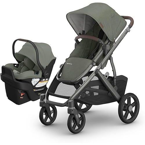 UPPAbaby Vista V3 Stroller + Aria V2 Infant Car Seat Travel System Combo – Toddler Seat, Bumper Bar, Bug and Rain Shields, Car Seat Base, and Infant Insert Included – Evelyn (Meadow Green)