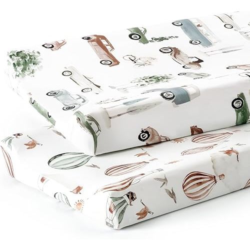 GRSSDER Stretch Ultra Soft Jersey Knit Changing Pad Cover Set 2 Pack, Change Table Pad Covers Fit 32"/34" x 16" Pads Safe and Snug, Pretty Diaper Changing Pad Covers of Cars Print